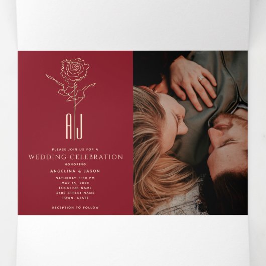 Rood & Goud Foto Drievoudig Huwelijksuitnodiging Drieluik Uitnodiging (Binnenkant midden)