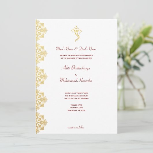 Rood & Goud Ganesha en Mehndi Indiase bruiloft Kaart (Staand voorkant)