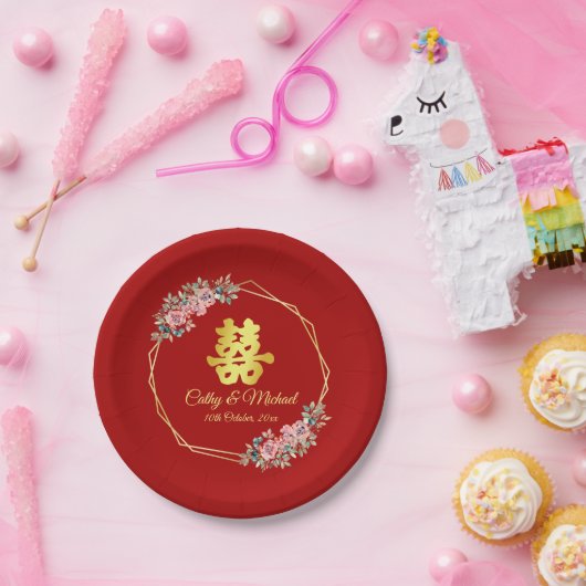 Rood goud geometrische bloemenkrans Chinese bruilo Papieren Bordje (Feest)