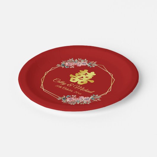 Rood goud geometrische bloemenkrans Chinese bruilo Papieren Bordje (Gekanteld)
