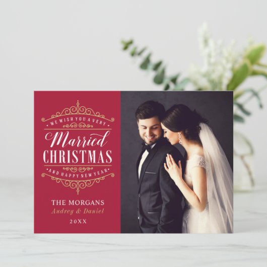  rood goud getrouwd kerst bruiloft foto feestdagenkaart (Staand voorkant)