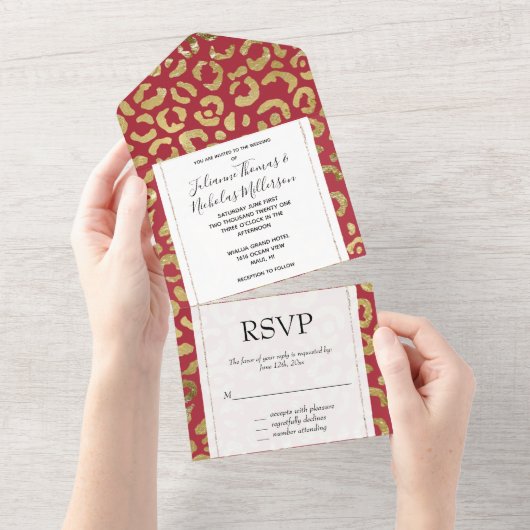 Rood Goud Glam Luipaard Print All In One Uitnodiging (Afscheurbaar)