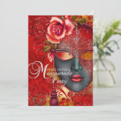 Rood & Goud Glitter Maskerade Sweet 16 Uitnodiging (Staand voorkant)