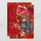 Rood & Goud Glitter Maskerade Sweet 16 Uitnodiging (Voorkant / Achterkant)