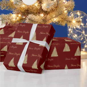 Rood Goud Glitter Shine Kerstbomen Cadeaupapier