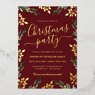 Rood Goud Groen Blad Kerstfeest Folie Uitnodiging