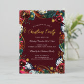 Rood Goud Groen Wit Bloemen Werveltje Kerstfeest Folie Uitnodiging (Staand Voorkant)