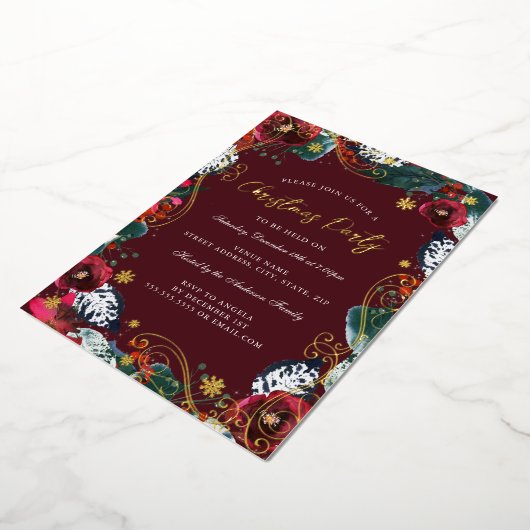 Rood Goud Groen Wit Bloemen Werveltje Kerstfeest Folie Uitnodiging (Gedraaid)