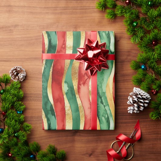 Rood Goud Groene Stripes Kerstmis Cadeaupapier (Feestdagen Geschenken)