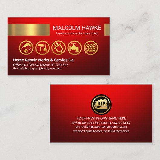 Rood Goud Handyman Gereedschap Streep Visitekaartje (Voorkant / Achterkant)