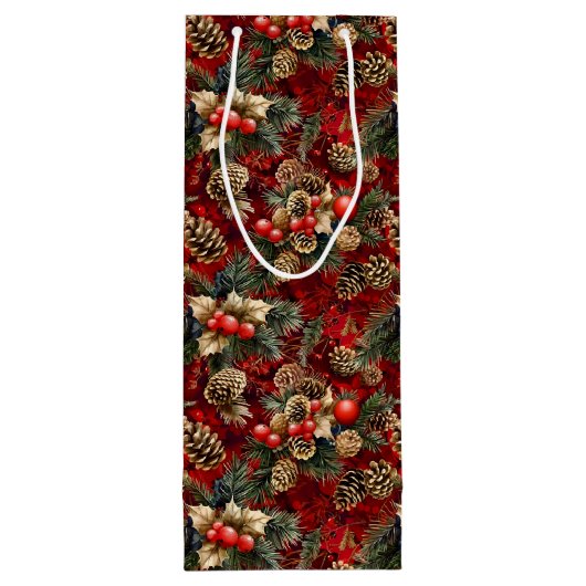 Rood Goud Holly Berries Pine Kegels Wijn Cadeautas (Achterkant)