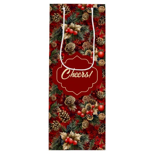 Rood Goud Holly Berries Pine Kegels Wijn Cadeautas (Voorkant)