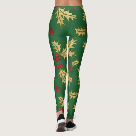 Rood & Goud Holly Bessen & Bladeren in Waterverf Leggings (Achterkant)