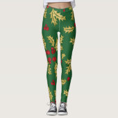 Rood & Goud Holly Bessen & Bladeren in Waterverf Leggings (Voorkant)