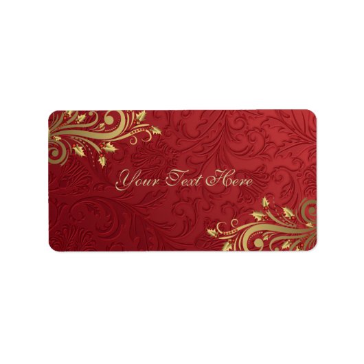 Rood/Goud Holly Bloeiend Kerstmisadresetiket Etiket (Voorkant)
