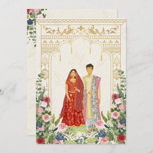 Rood & Goud Indisch paar Bruiloft Uitnodiging (Voorkant / Achterkant)
