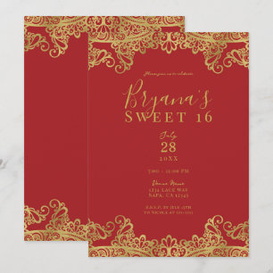 Rood & Goud Kant Elegant Zoete 16 Feest  Kaart
