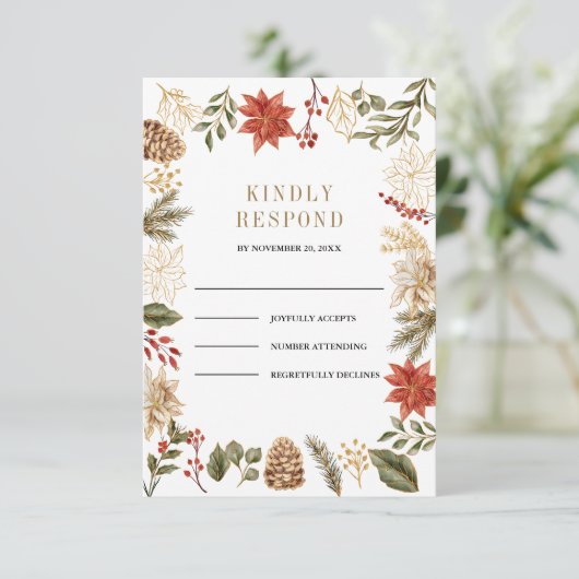 Rood Goud Kerst Bloemen Huwelijk RSVP Kaartje (Staand voorkant)
