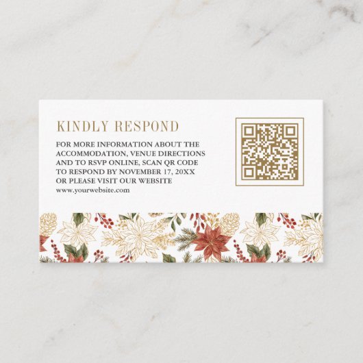 Rood Goud Kerst Bloemen QR Code Huwelijk RSVP Informatiekaartje (Voorkant)