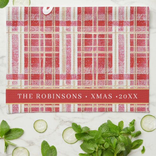 Rood Goud Kerst Plakken Patroon#2 ID1009 Theedoek (Gevouwen)