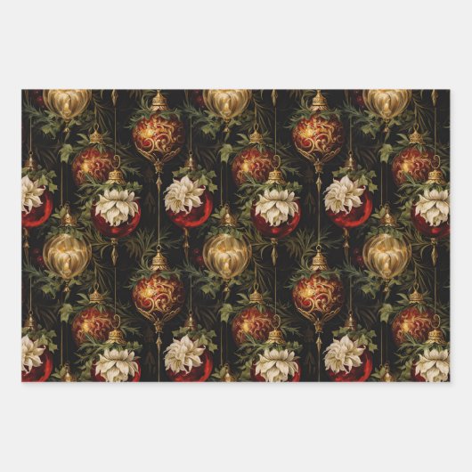 Rood Goud Kerstversiering en Vogels Inpakpapier Vel (Voorkant 3)