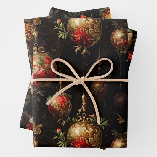 Rood Goud Kerstversiering en Vogels Inpakpapier Vel (In situ)