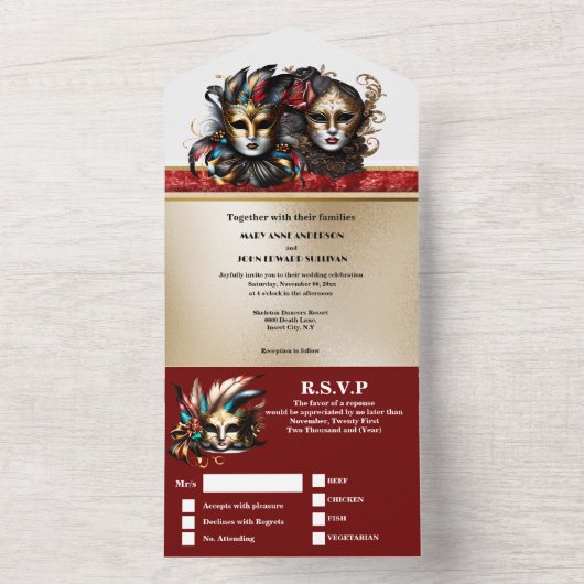 Rood goud maskerade bruiloft carnaval gezichtsmask all in one uitnodiging (Binnen)