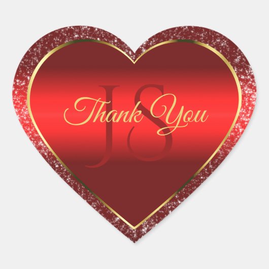 Rood Goud met Glittersterren en Initialen Dank je  Hart Sticker (Voorkant)