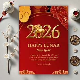 Rood Goud Modern 2026 Paard Chinees Lunar Nieuwjaa Feestdagenkaart