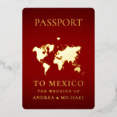 Rood Goud Paspoort Reizen Bestemming Bruiloft Echt Folie Uitnodiging (Voorkant)