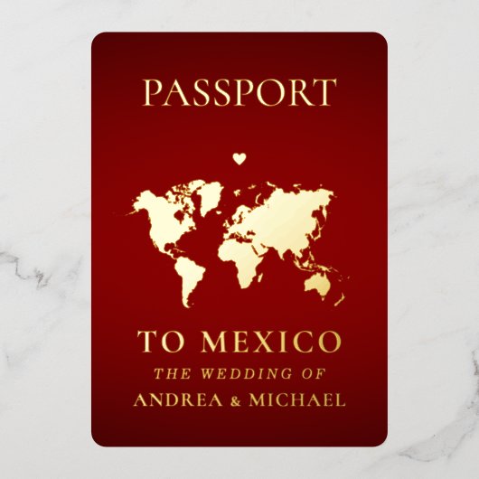 Rood Goud Paspoort Reizen Bestemming Bruiloft Echt Folie Uitnodiging (Voorkant)