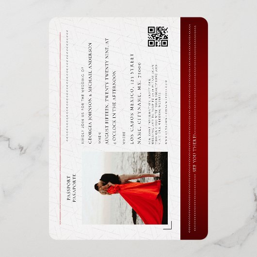 Rood Goud Paspoort Reizen Bestemming Bruiloft Echt Folie Uitnodiging (Achterkant)