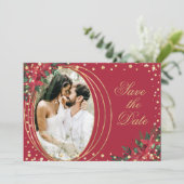 Rood Goud Poinsettia Foto Kerstmis Bruiloft Save The Date (Staand voorkant)