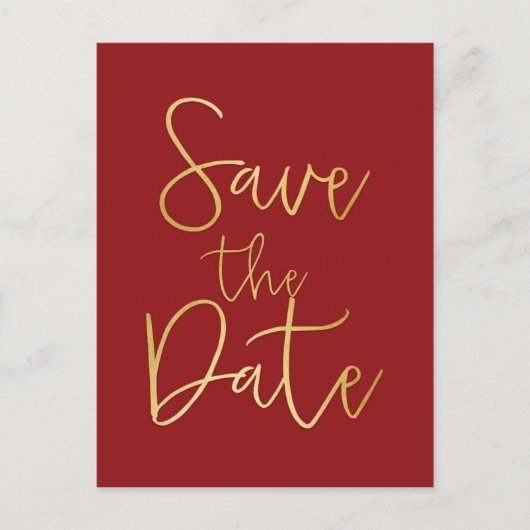Rood & Goud SAVE THE DATE Modern Script Ansichtkaa Aankondigingskaart (Voorkant)