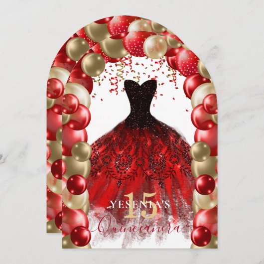 Rood Goud Sparkle Jurk Quinceañera Balloon Arch Kaart (Voorkant / Achterkant)