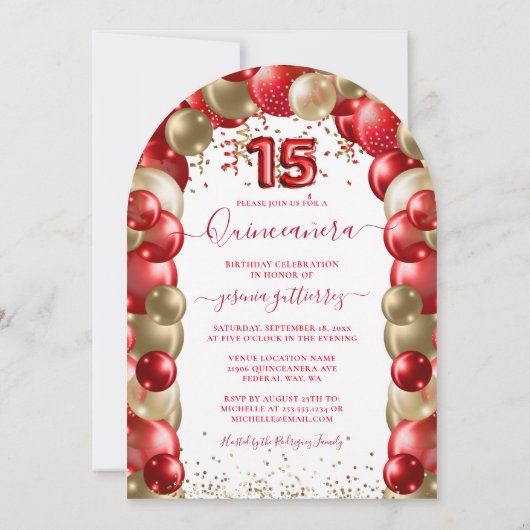 Rood Goud Sparkle Jurk Quinceañera Balloon Arch Kaart (Achterkant)