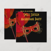 Rood Goud Veermasker Sweet 16 Masquerade Party Kaart (Voorkant / Achterkant)