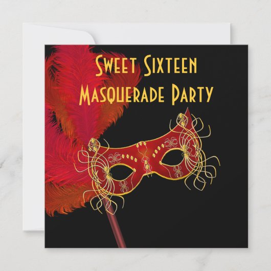 Rood Goud Veermasker Sweet 16 Masquerade Party Kaart (Voorkant)