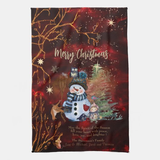 ROOD GOUD Vrolijk Kerstfeest, schattige personages Theedoek (Verticaal)