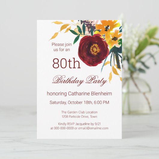 Rood + Goud Waterverf Bloemen 80ste Verjaardagsfee Kaart (Staand voorkant)