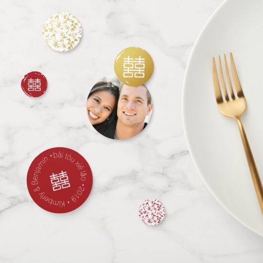 Rood Goud & Wit Bamboe Dubbel Geluk Chinees Confetti (Groep)