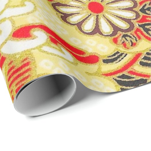 Rood Goud Wit Japans Kimono Bloemen Decoupage Cadeaupapier (Rol Hoek)