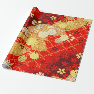 Rood Goud Wit Japans Kimono Bloemen Decoupage Cadeaupapier