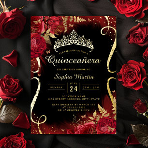 Rood Goud Zwart Bloem Motief Quinceanera Folie Uitnodiging