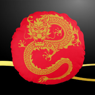 Rood, Goud & Zwart, Chinese Drakendierenriem   Rond Kussen