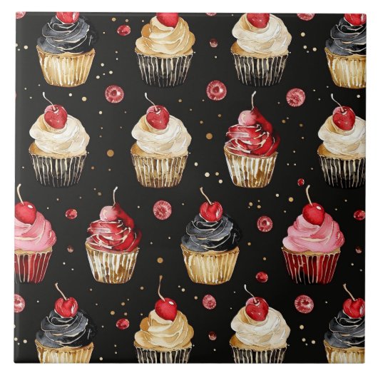 Rood goud zwart roze cupcakes kers tegeltje (Voorkant)
