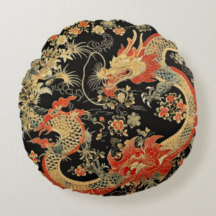 Rood & Gouden Draak Rond Kussen