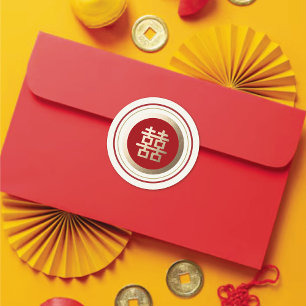 Rood & Gouden Frame Dubbel Geluk Chinees Huwelijk Ronde Sticker