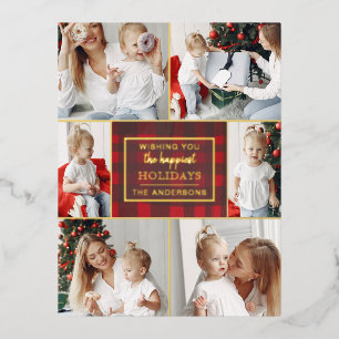 Rood Gouden Geruit 6 Foto's Collage Kerstmis Folie Feestdagen Briefkaart