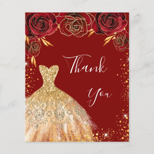 Rood gouden jurk bloemenverjaardag bedankkaart (Voorkant)